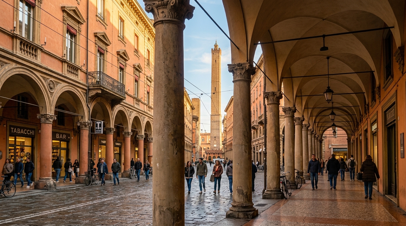I portici di Bologna con la Torre degli Asinelli