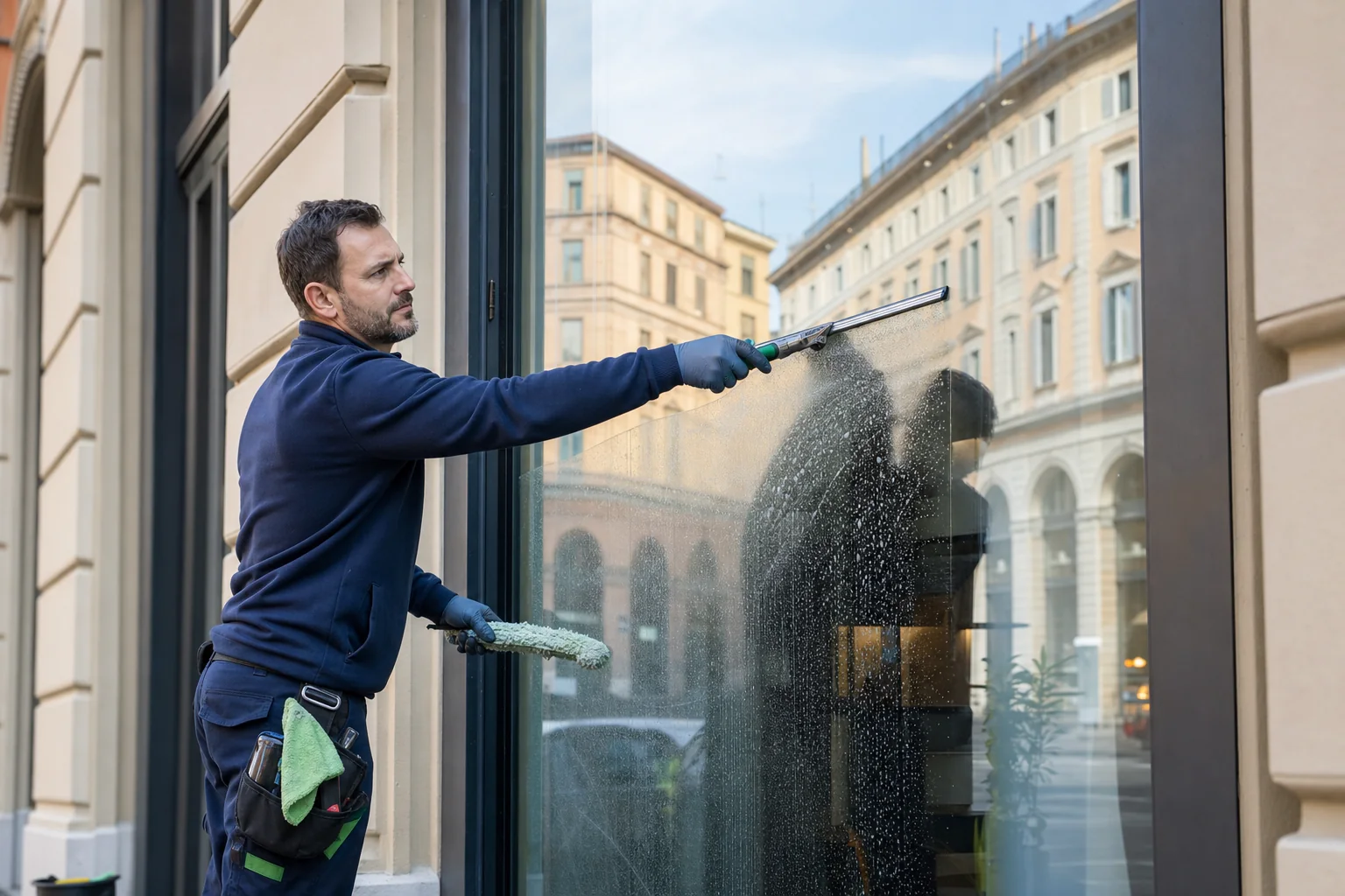 Addetto professionale che pulisce una grande vetrata accessibile con tergivetro
